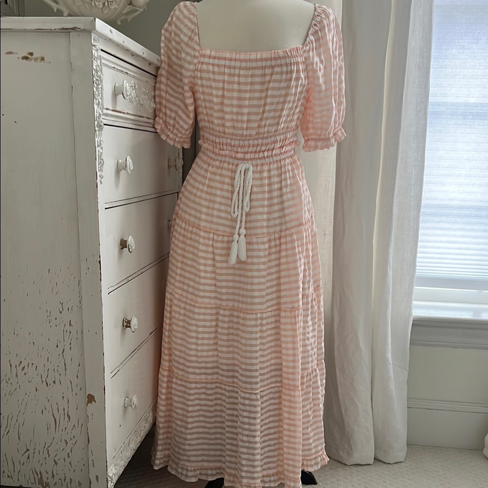 Moon River Peach Striped Midi Dress